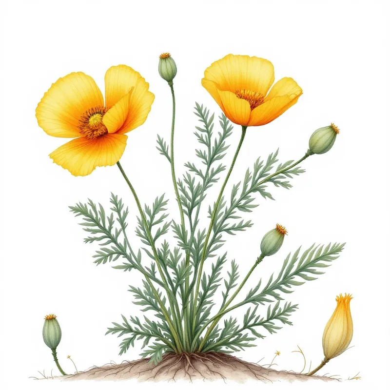 California Poppy botanical illustration
